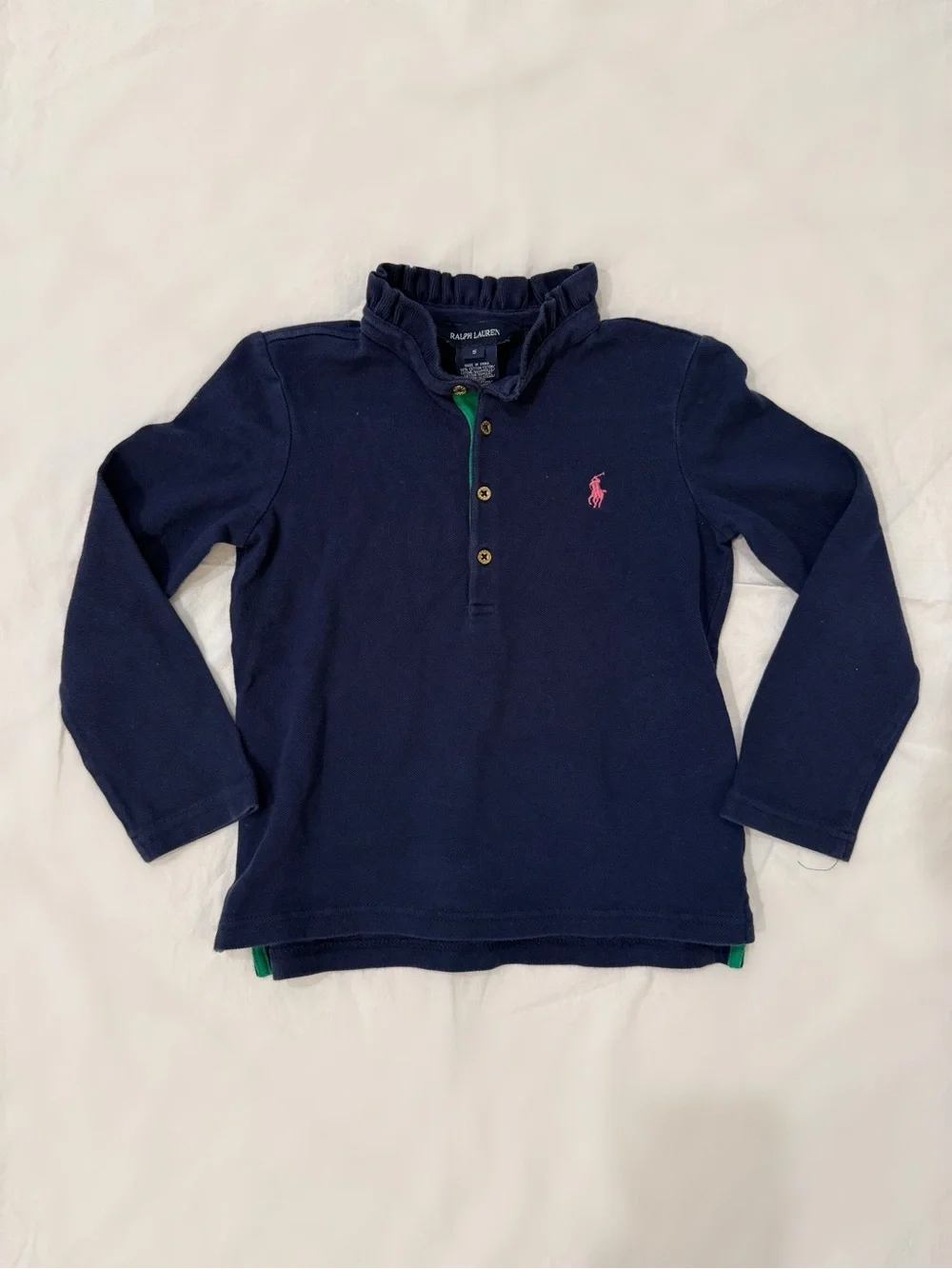 Ralph Lauren Girls Ruffle Collar Pique Polo Navy Sz 5